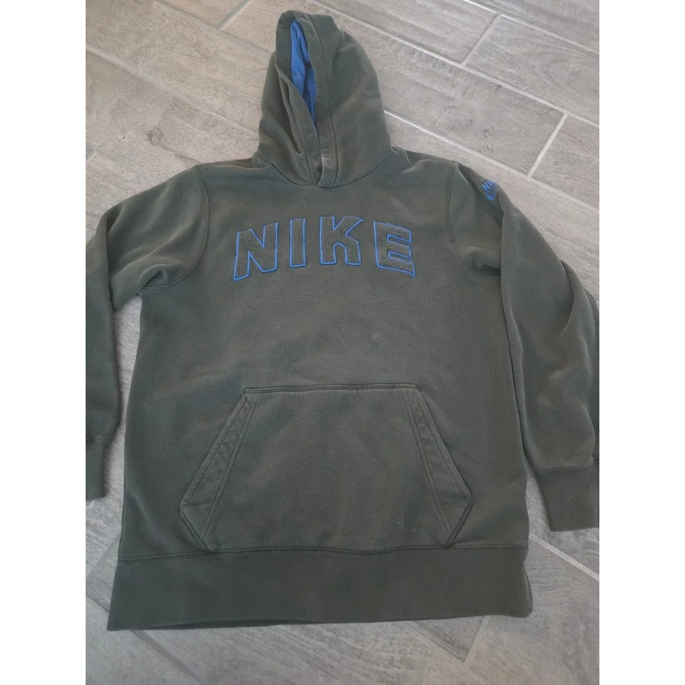 Nike Kids Olive Green Hoodie Pullover Sweatshirt Blue Logo Sportswear Size Large
